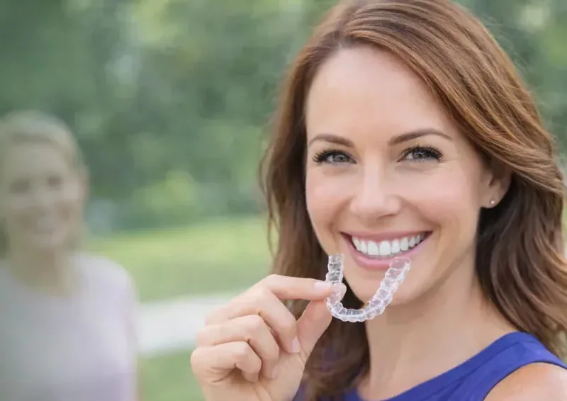 A smiling woman holding a clear Invisalign aligner tray at Clearbrook Advanced Dental Care in Cranbury, NJ