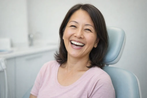 Mature woman smiling confidently after dental implant treatment